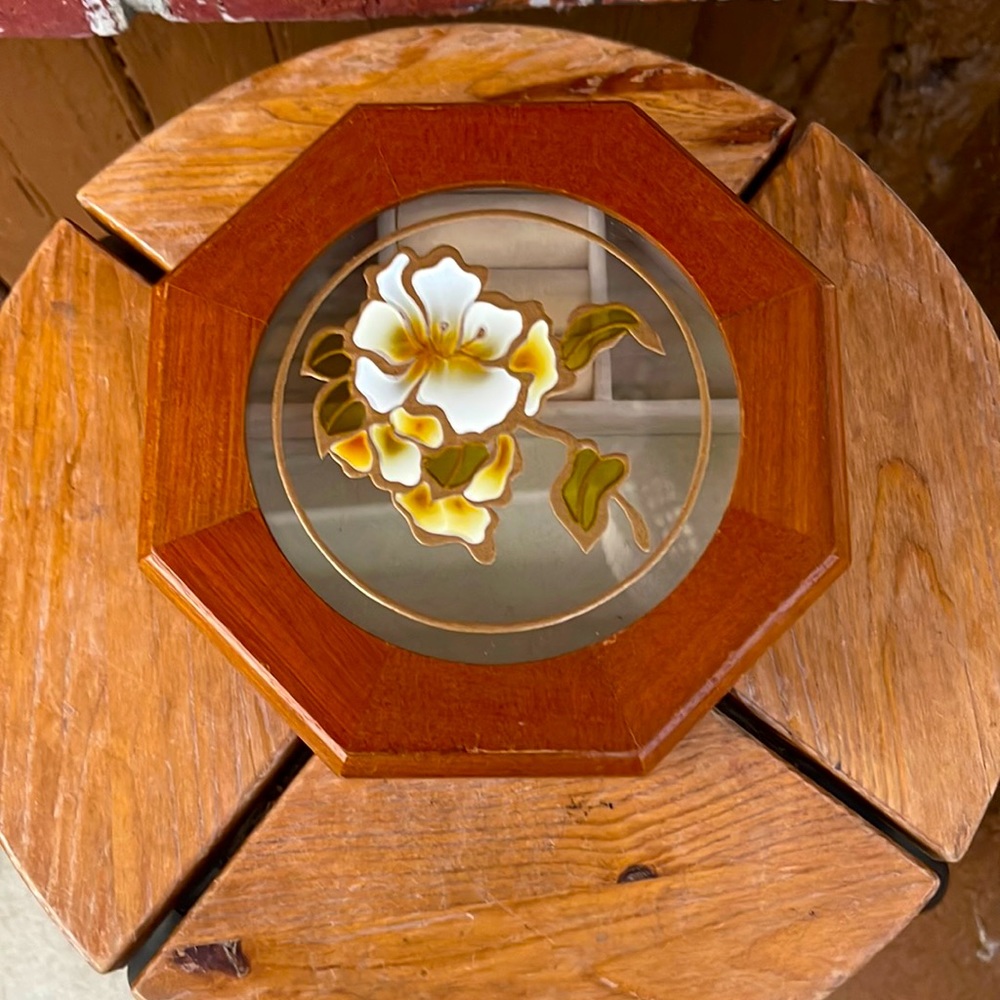Vintage Wood Jewelry Box Hinged Stained Glass Lid